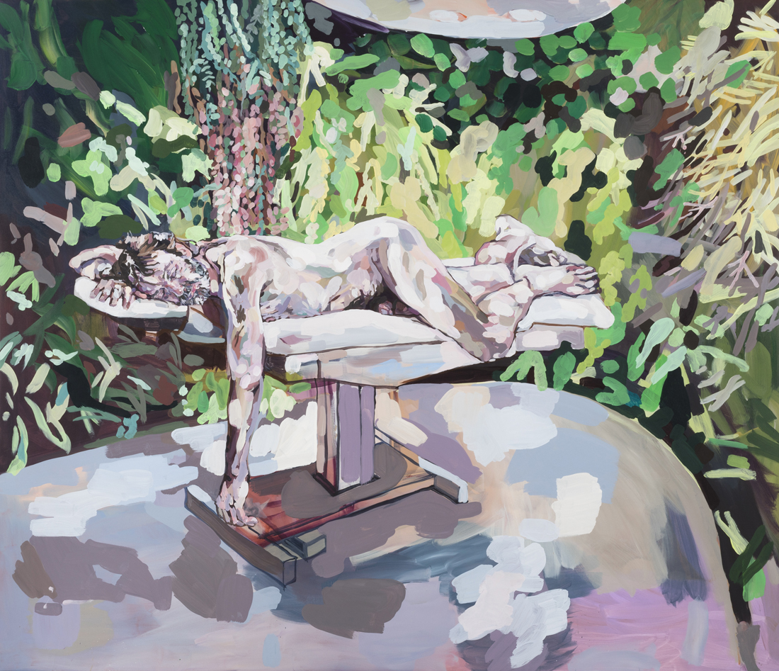 acrylic painting of a nude man laying on a lounge surrounded by artificial plants