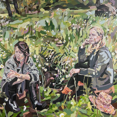 painting of two women sitting in a field looking to the left of the canvas