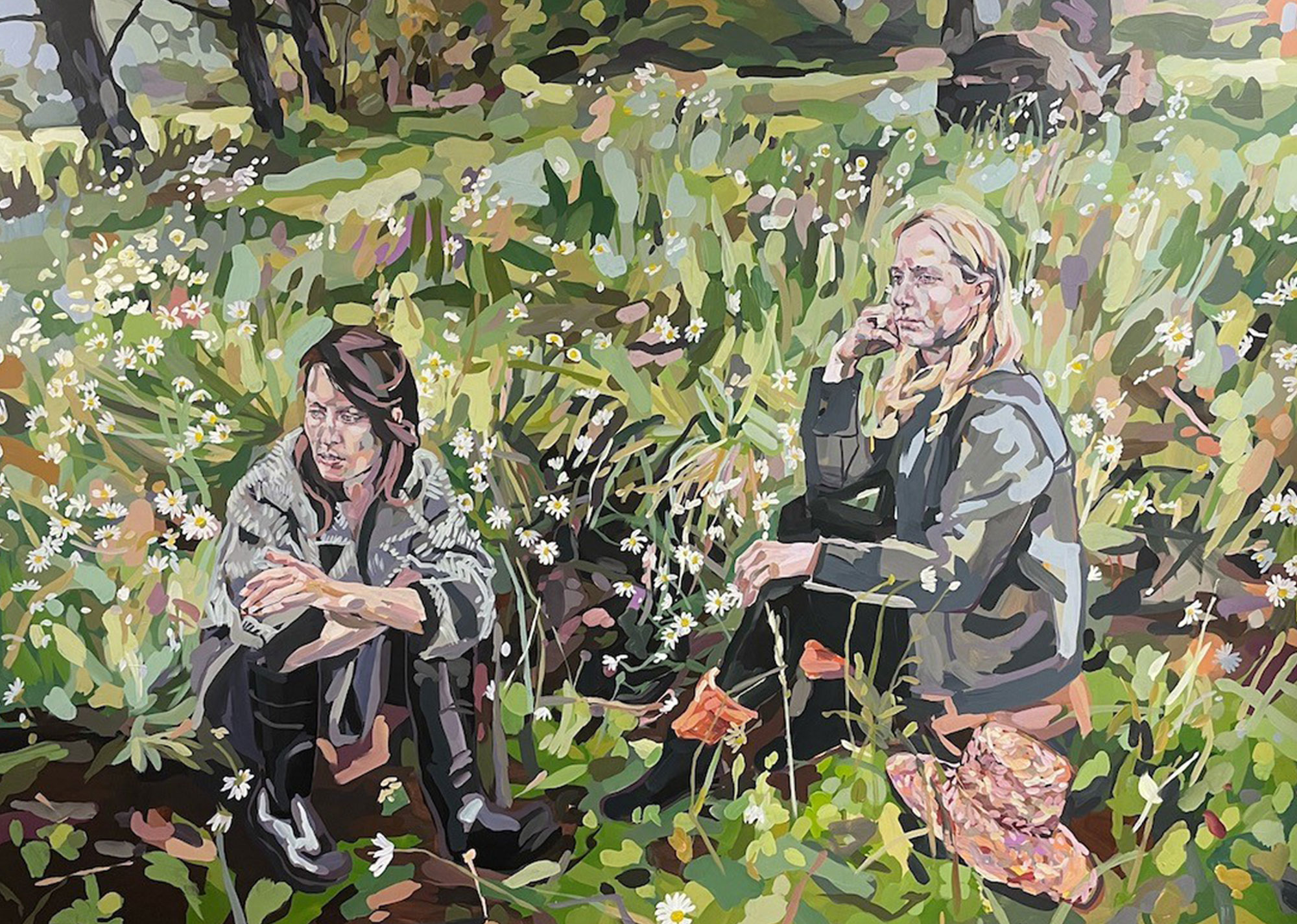 painting of two women sitting in a field looking to the left of the canvas